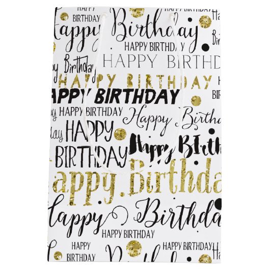 Gold Black Happy Birthday Confetti Medium Cadeauzakje (Achterkant)