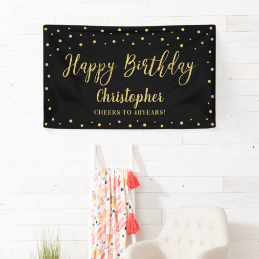 Gold & Black Happy Birthday Party-banner Spandoek (Insitu)