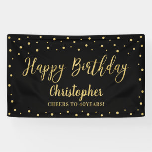 Gold & Black Happy Birthday Party-banner Spandoek