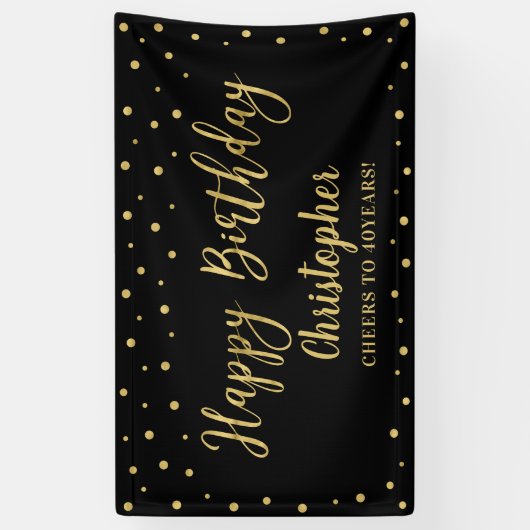 Gold & Black Happy Birthday Party-banner Spandoek (Verticaal)