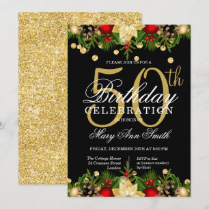 Gold & Black Holiday Glitter 50th Birthday Party Kaart