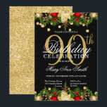 Gold & Black Holiday Glitter 90th Birthday Party Kaart<br><div class="desc">Elegant 90th Birthday Party Holiday Glitter in Gold nodigde sjabloon uit met kerstversieringen voor een feestelijke vibe! Geweldig voor een 90e verjaardag en nog veel meer!</div>