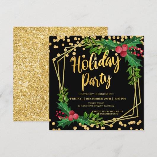 Gold Black Holly Lijst Glitter Holiday Corporate Kaart (Voorkant / Achterkant)