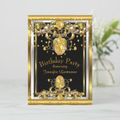 Gold Black Jeweled Birthday Party Invitation Kaart (Staand voorkant)