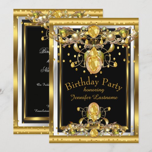 Gold Black Jeweled Birthday Party Invitation Kaart (Voorkant / Achterkant)