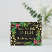 Gold Black kerstbesparingsdatum Holly Glitter Aankondigingskaart (Staand voorkant)