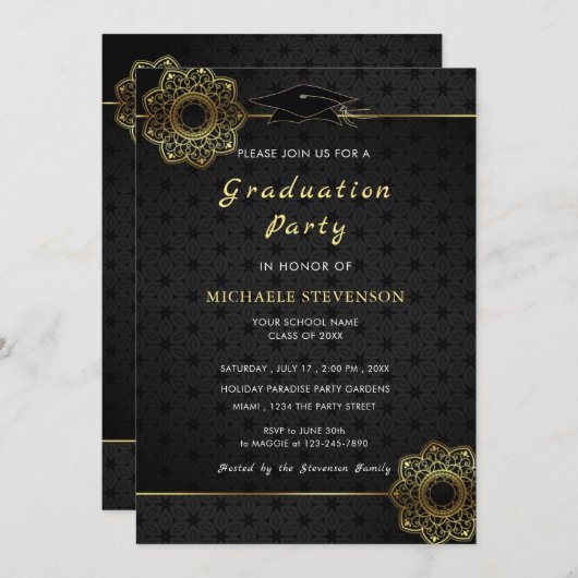 Gold Black Lace Flower Graduparty-uitnodiging (Voorkant / Achterkant)