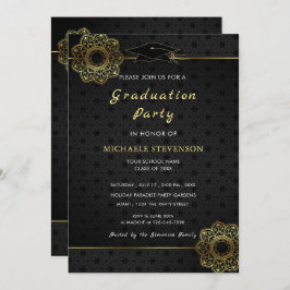 Gold Black Lace Flower Graduparty-uitnodiging