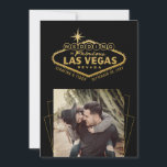 Gold Black Las Vegas Weddenfoto Save The Date<br><div class="desc">5x7 foto met de datumaankondiging voor een bruiloft in Las Vegas,  Nevada,  met het Fabulous beroemde Vegas-teken in faux gold folie op zwart met een vierkant foto en een geometrisch gouden vierkant lijst en een uniek en creatief typografisch ontwerp op de achterkant met trouwdatum en websitedetails.</div>