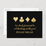 Gold Black Las Vegas Wedding RSVP Response Kaart<br><div class="desc">Het spelen van kaart past harten,  clubs,  diamanten,  en schoppen in een roos in faux gouden folie op een editable kleur zwarte achtergrond. Het unieke typografische ontwerp op de rug is volledig aanpasbaar. De briefkaarten RSVP hebben geen envelop aan post nodig.</div>