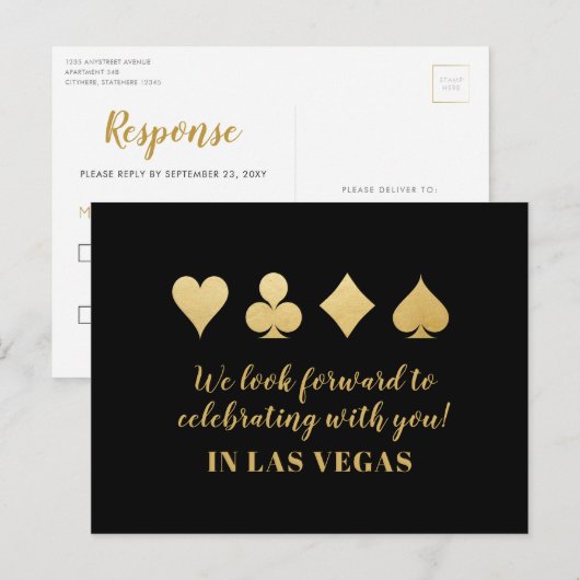 Gold Black Las Vegas Wedding RSVP Response Kaart (Voorkant / Achterkant)