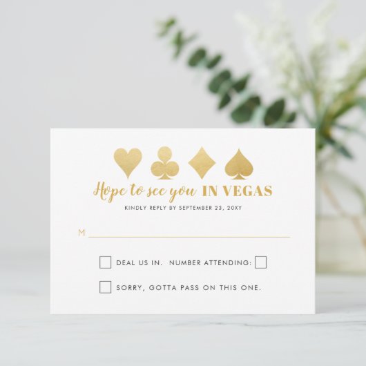 Gold Black Las Vegas Wedding Sign Funny Wording RSVP Kaartje (Staand voorkant)