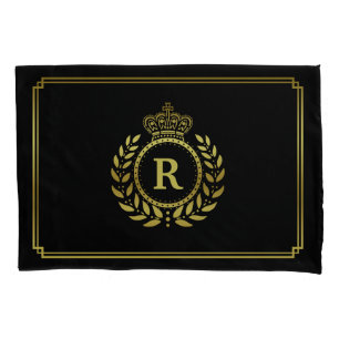 Gold Black Laurel Wreath Crown Monogram Royal Kussensloop