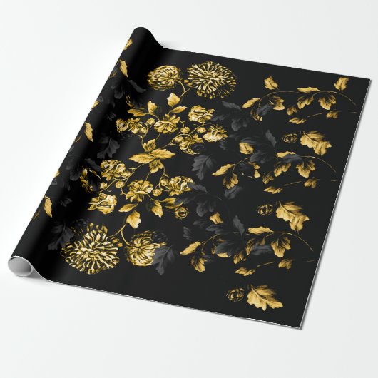 Gold Black Leaf Dahlia Blooms Floral Vine op zwart Cadeaupapier (Uitgerold)