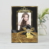 Gold Black Leopard Print & Bow Photo Quinceanera Kaart (Staand voorkant)