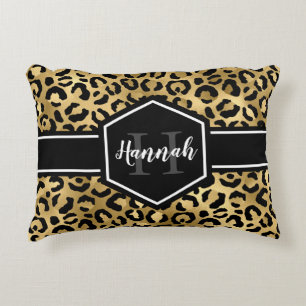 Gold Black Leopard Spots Monogram Accent Kussen