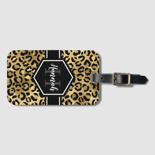 Gold Black Leopard Spots Monogram Bagagelabel (Voorkant (horizontaal))
