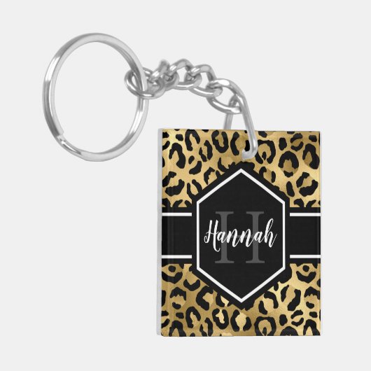 Gold Black Leopard Spots Monogram Foto Sleutelhanger (Voorkant Links)