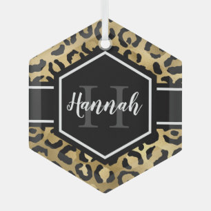 Gold Black Leopard Spots Monogram Glas Ornament