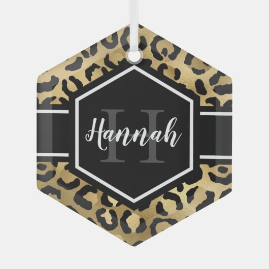 Gold Black Leopard Spots Monogram Glas Ornament (Voorkant)