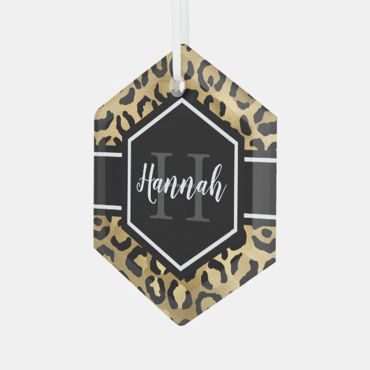 Gold Black Leopard Spots Monogram Glas Ornament (Voorkant links)