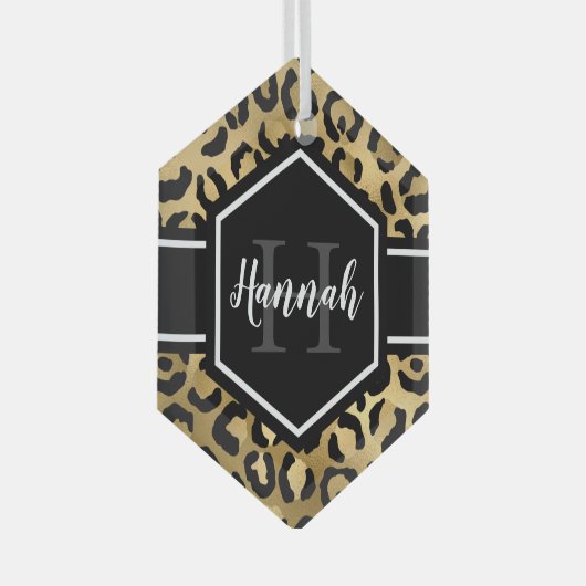 Gold Black Leopard Spots Monogram Glas Ornament (Voorkant Rechts)