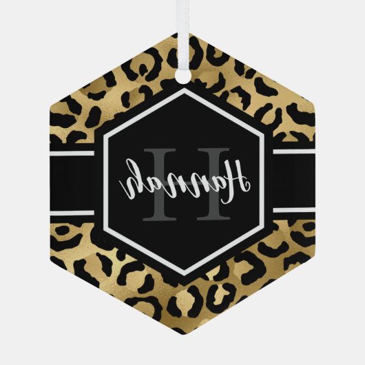 Gold Black Leopard Spots Monogram Glas Ornament (Achterkant)