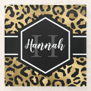 Gold Black Leopard Spots Monogram Glazen Onderzetter