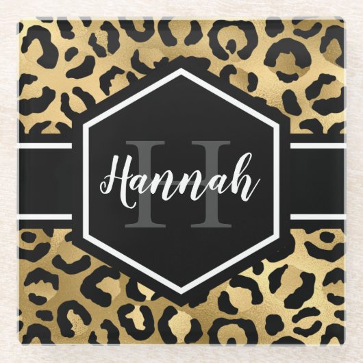 Gold Black Leopard Spots Monogram Glazen Onderzetter (Voorkant)
