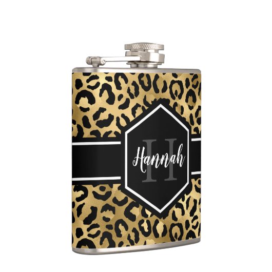 Gold Black Leopard Spots Monogram Heupfles (Rechts)