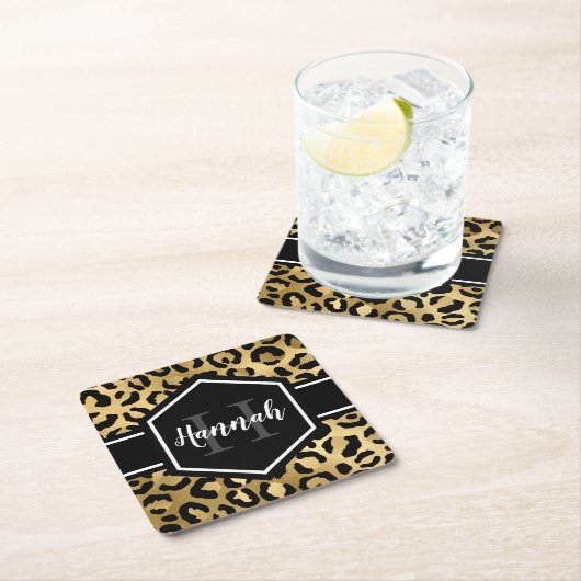 Gold Black Leopard Spots Monogram Kartonnen Onderzetters (Insitu)