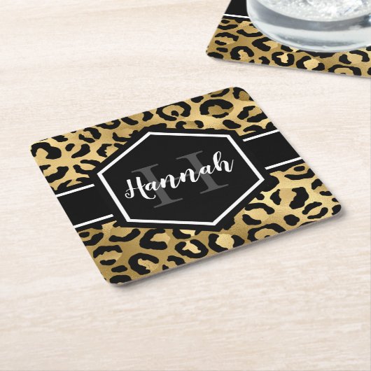 Gold Black Leopard Spots Monogram Kartonnen Onderzetters (Schuin)