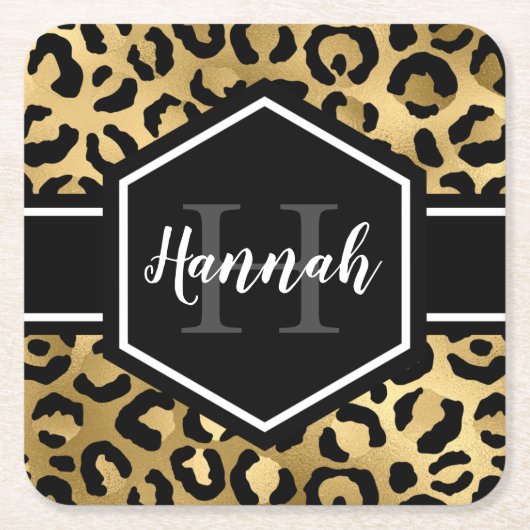 Gold Black Leopard Spots Monogram Kartonnen Onderzetters (Voorkant)