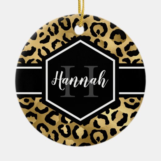 Gold Black Leopard Spots Monogram Keramisch Ornament (Voorkant)