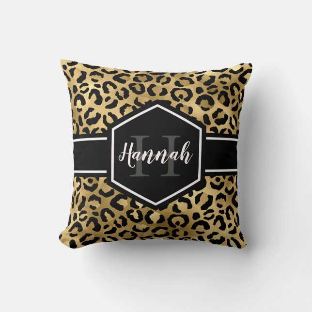 Gold Black Leopard Spots Monogram Kussen (Voorkant)