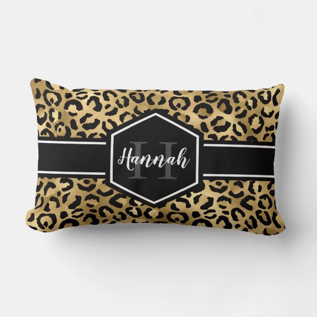 Gold Black Leopard Spots Monogram Kussen (Voorkant)