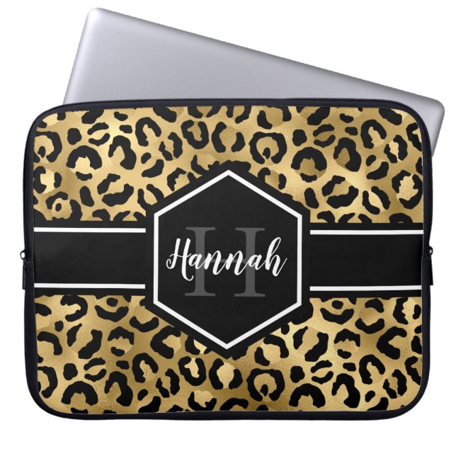 Gold Black Leopard Spots Monogram Laptop Sleeve (Voorkant)
