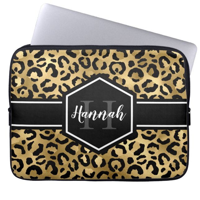 Gold Black Leopard Spots Monogram Laptop Sleeve (Voorkant)