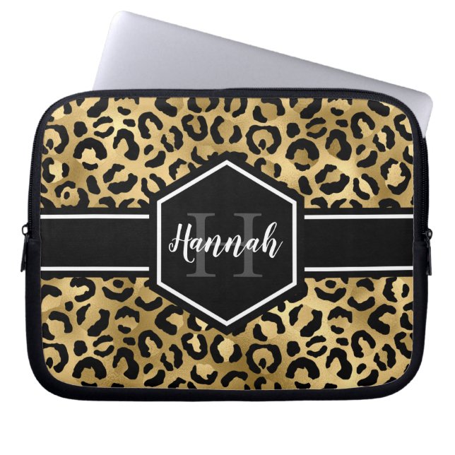 Gold Black Leopard Spots Monogram Laptop Sleeve (Voorkant)