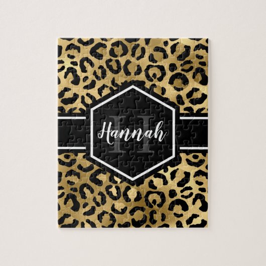 Gold Black Leopard Spots Monogram Legpuzzel (Verticaal)