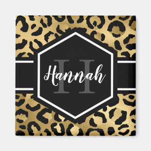 Gold Black Leopard Spots Monogram Magneet