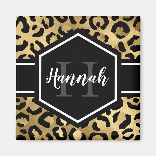 Gold Black Leopard Spots Monogram Magneet (Voorkant)