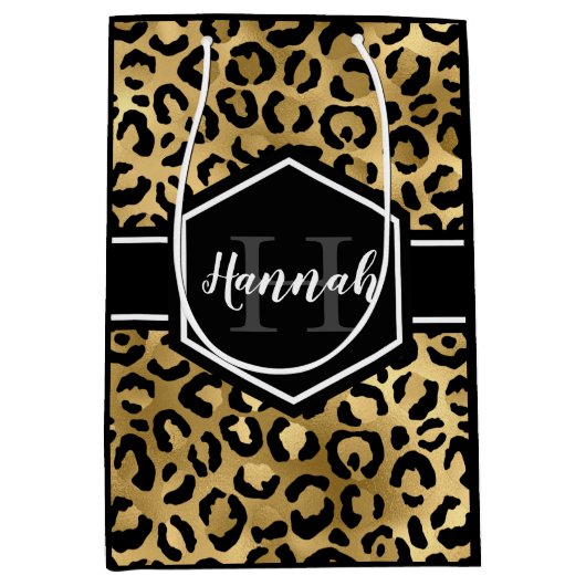 Gold Black Leopard Spots Monogram Medium Cadeauzakje (Voorkant)