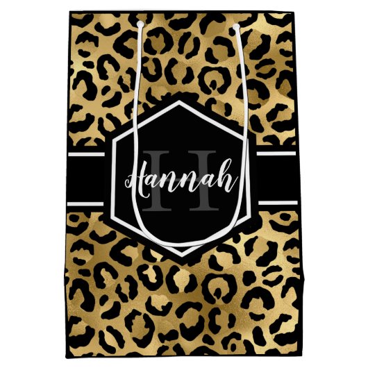 Gold Black Leopard Spots Monogram Medium Cadeauzakje (Achterkant)