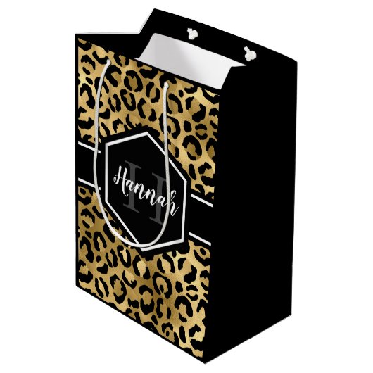 Gold Black Leopard Spots Monogram Medium Cadeauzakje (Achterkant Gekanteld)