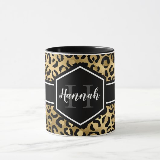 Gold Black Leopard Spots Monogram Mok (Midden)