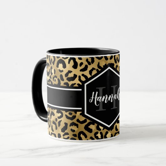 Gold Black Leopard Spots Monogram Mok (Voorkant links)
