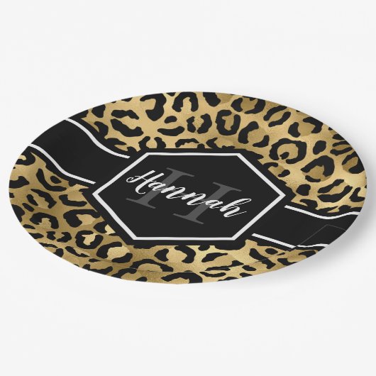 Gold Black Leopard Spots Monogram Papieren Bordje (Gekanteld)
