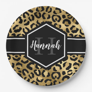Gold Black Leopard Spots Monogram Papieren Bordje