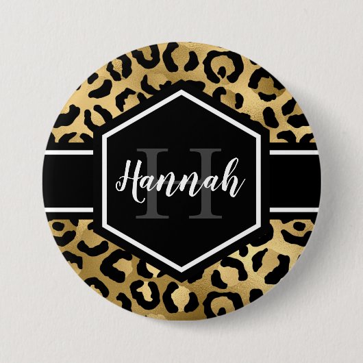 Gold Black Leopard Spots Monogram Ronde Button 7,6 Cm (Voorkant)